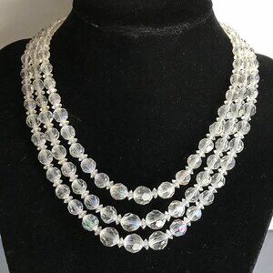 Vintage 3 Strand Aurora Borealis Crystal Necklace Rhinestone Extension 14-16 In